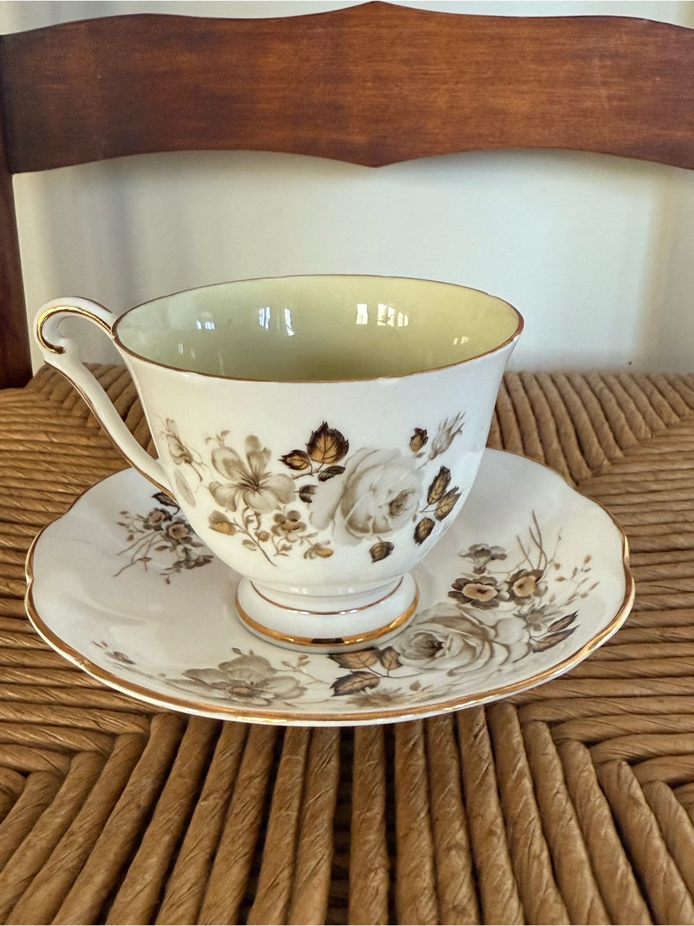 Vintage Teacup And Saucer Royal Adderly Rose Floral & Leaves Pale Butter Yellow